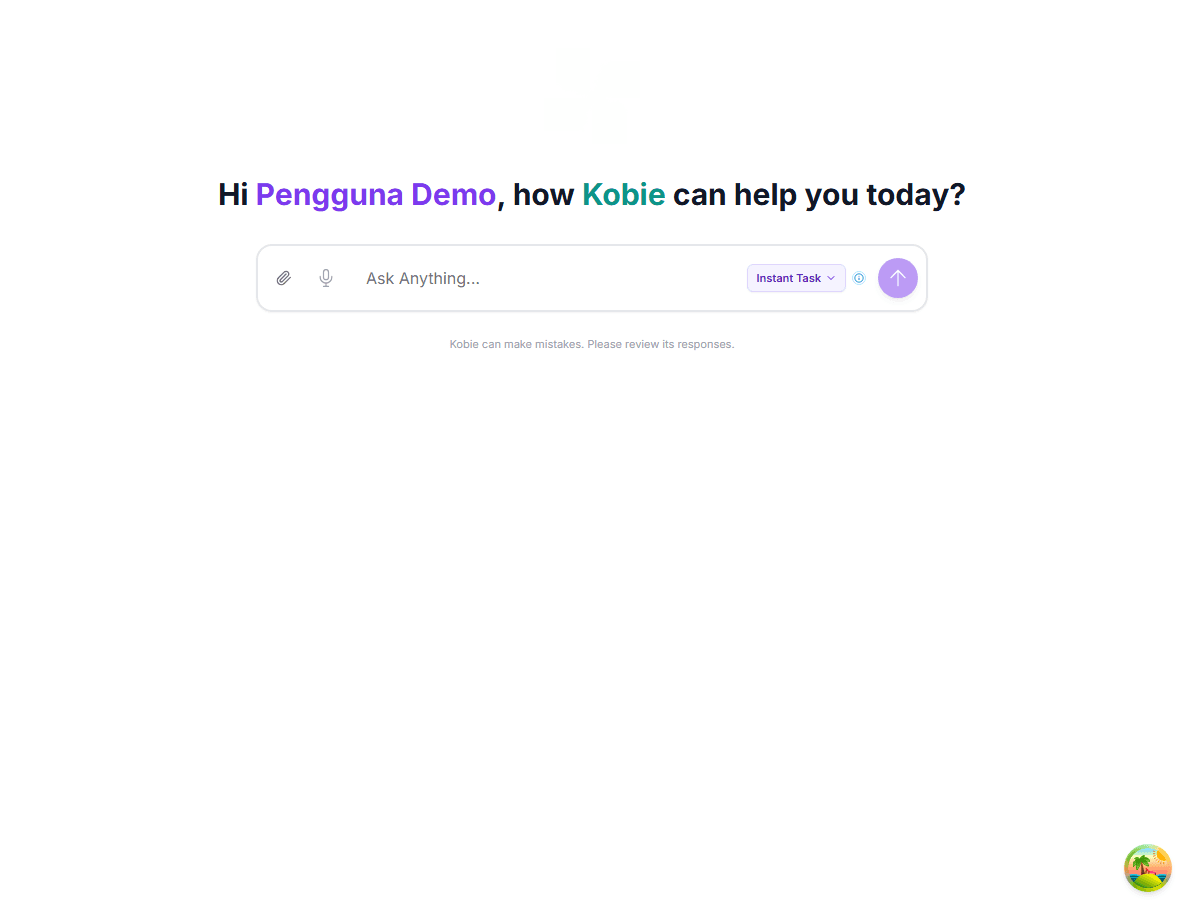 Kobie chat home page with the message area and model picker