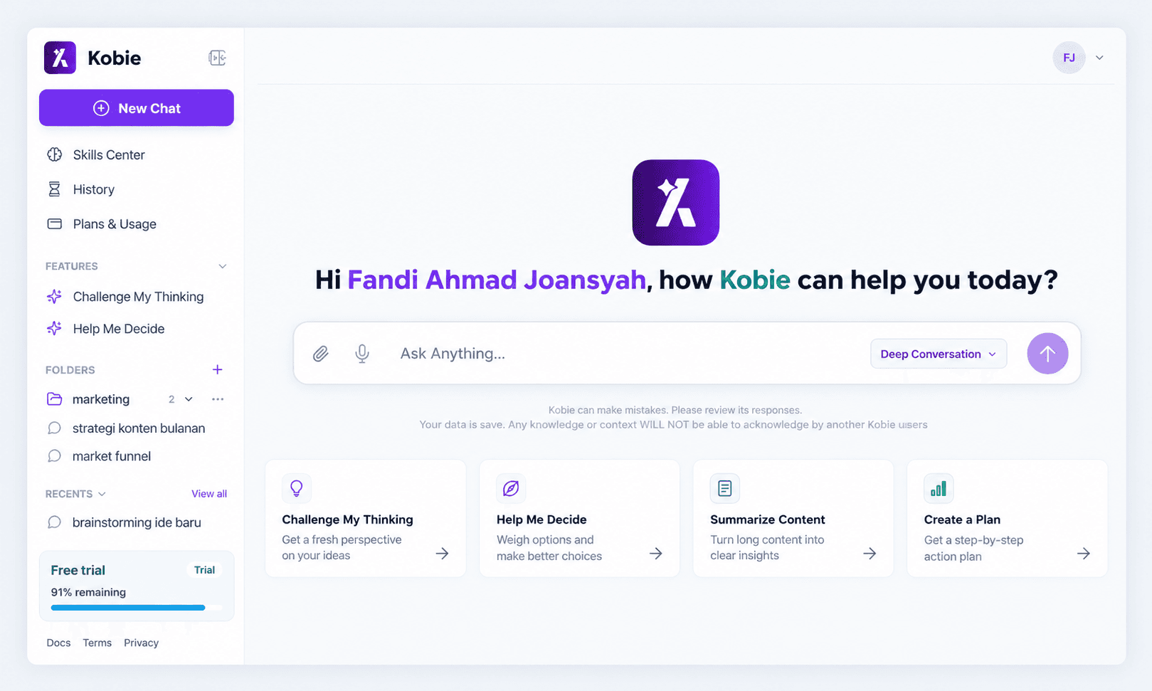 Real Kobie application preview showing the chat workspace with a left sidebar, prompt box, and greeting screen.